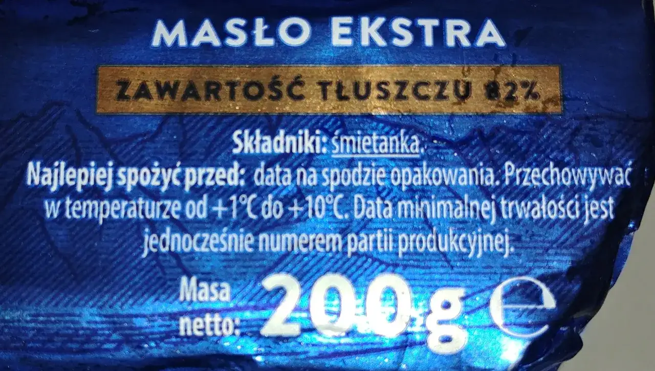 etykieta masło ekstra skład procent tłuszczu